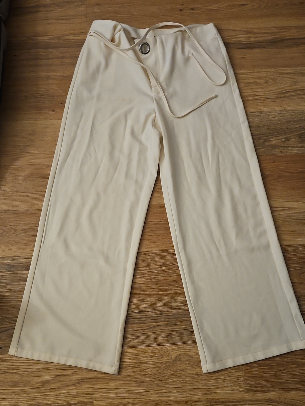 Women's SHEIN Cream Wide-Leg Pants with Self-Tie Belt